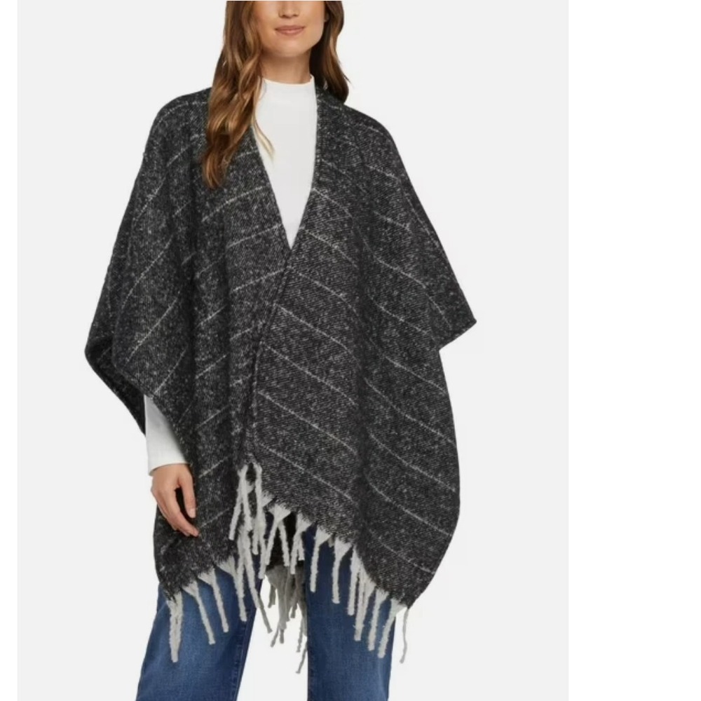 Woolrich Blanket Wrap Sweater Womens One Size Striped Fringe Gray OS NEW